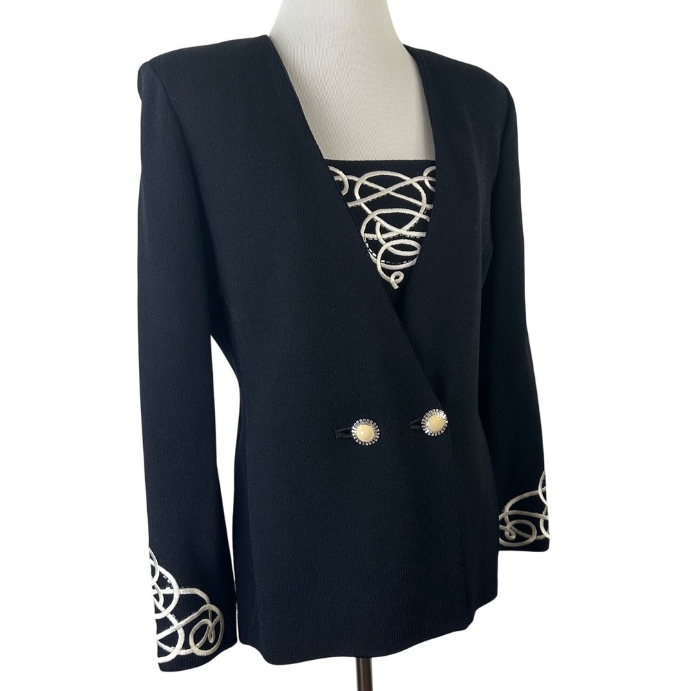 St John Evening Marie‎ Gray Black Knit Blazer Jacket White Embroidery Womens 8